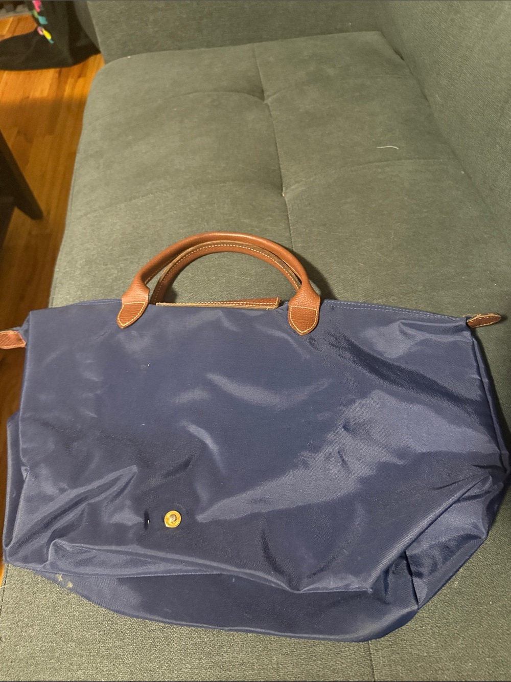 Longchamp Navy Shoulder Tote with Brown Leather Handles